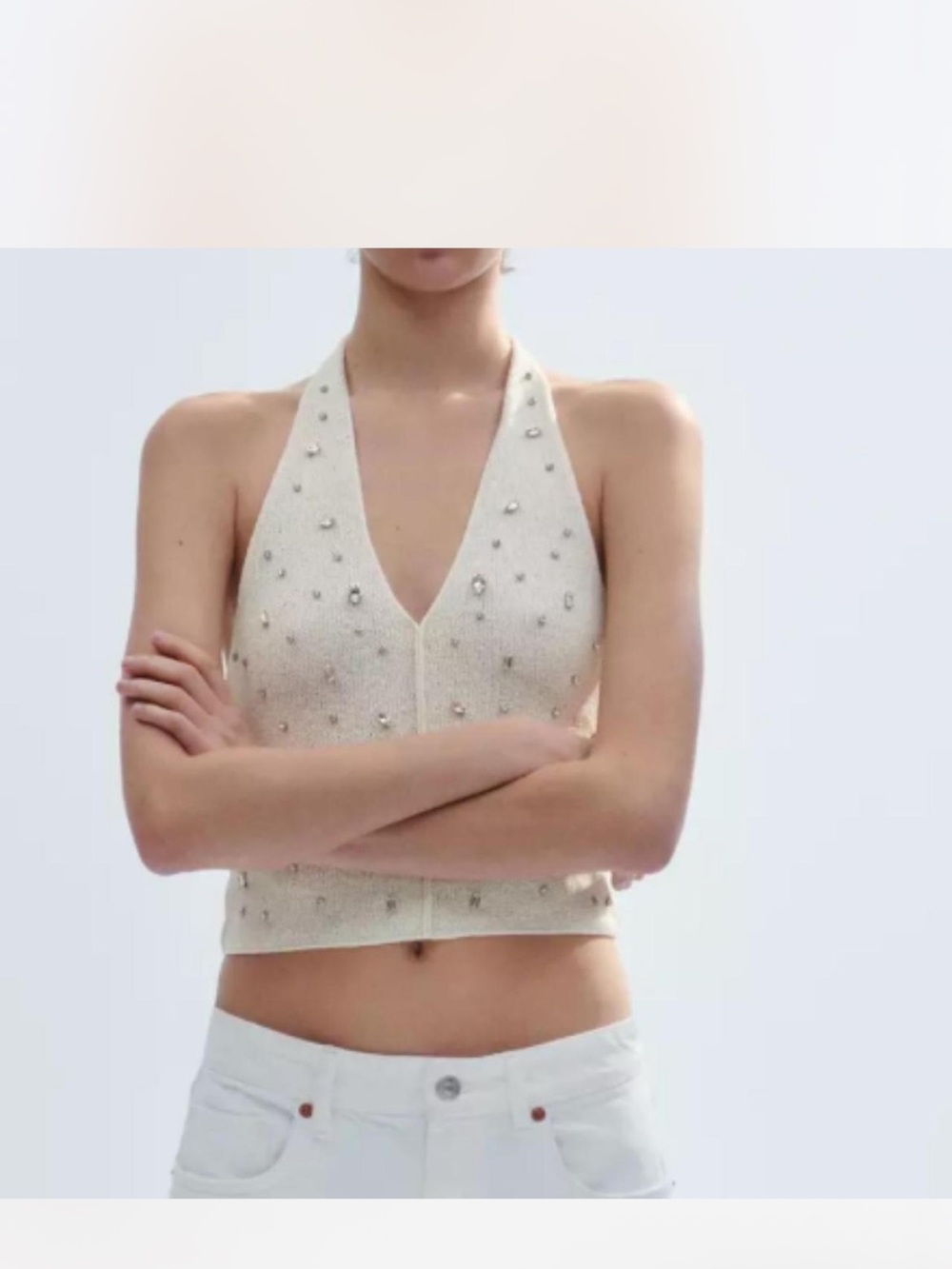 Zara Cream Beaded Halter Camisole